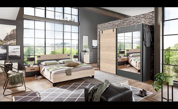 Chambre-a-coucher-Malmoe-armoire-portes-coulissantes225cm-lit160cm-chevets-decor-fir-noir-Wimex