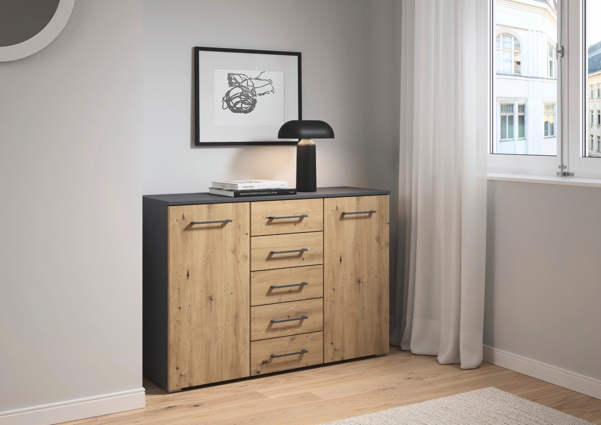 Commode-2 portes-5 tiroirs-Nevada-61V5-AC176-chene artisan-gris metallique-01-Rauch