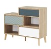 Commode-3-tiroirs-2-niches-Larvik-decor-chene-clair-blanc-bleu-H0L.164-110cm-Gautier