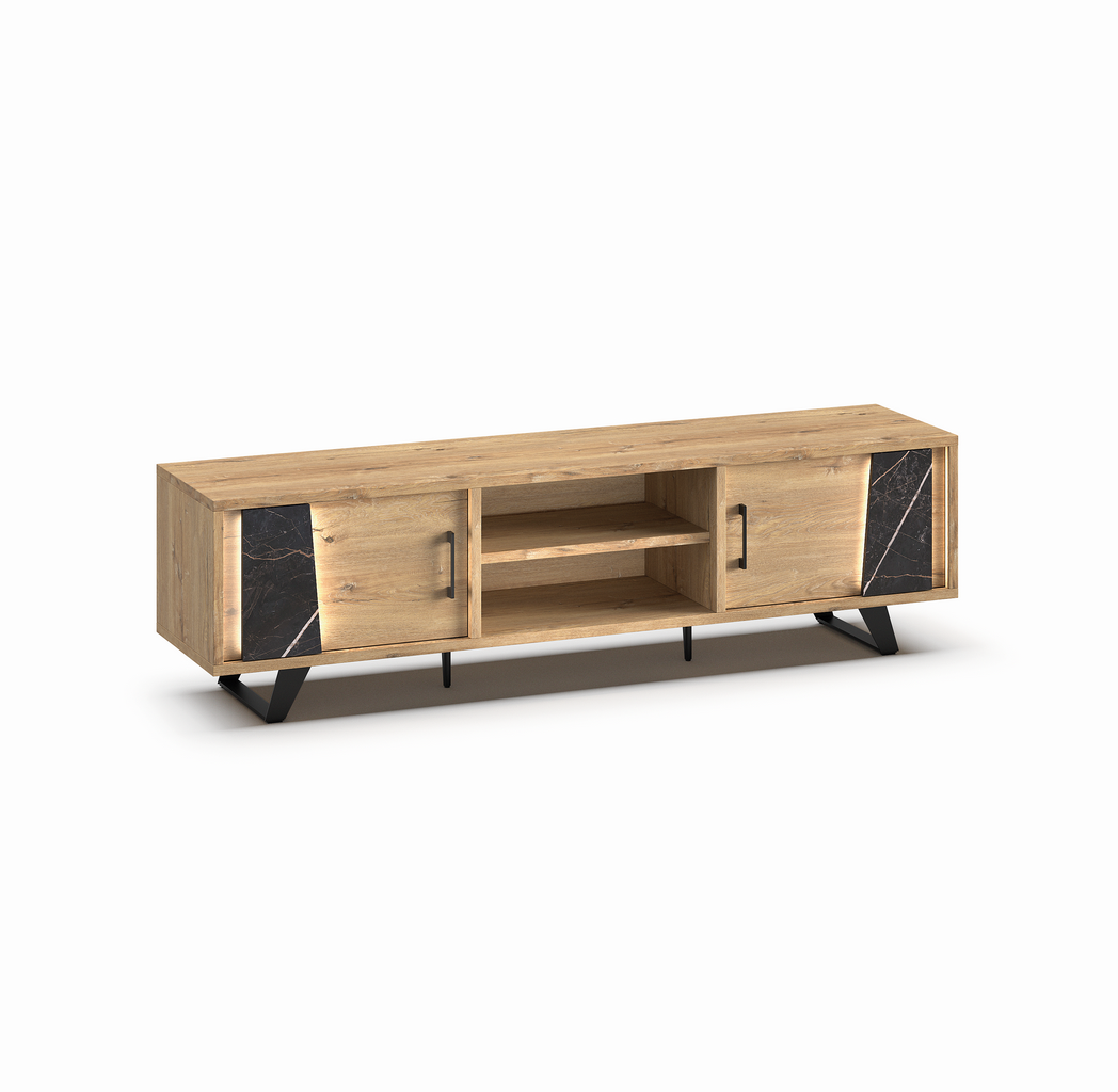 Meuble-TV-2-portes-2-niches-Richard-millenium-oak-nature-zebra-marble-K545ZEB-LB2-215cm-Evan
