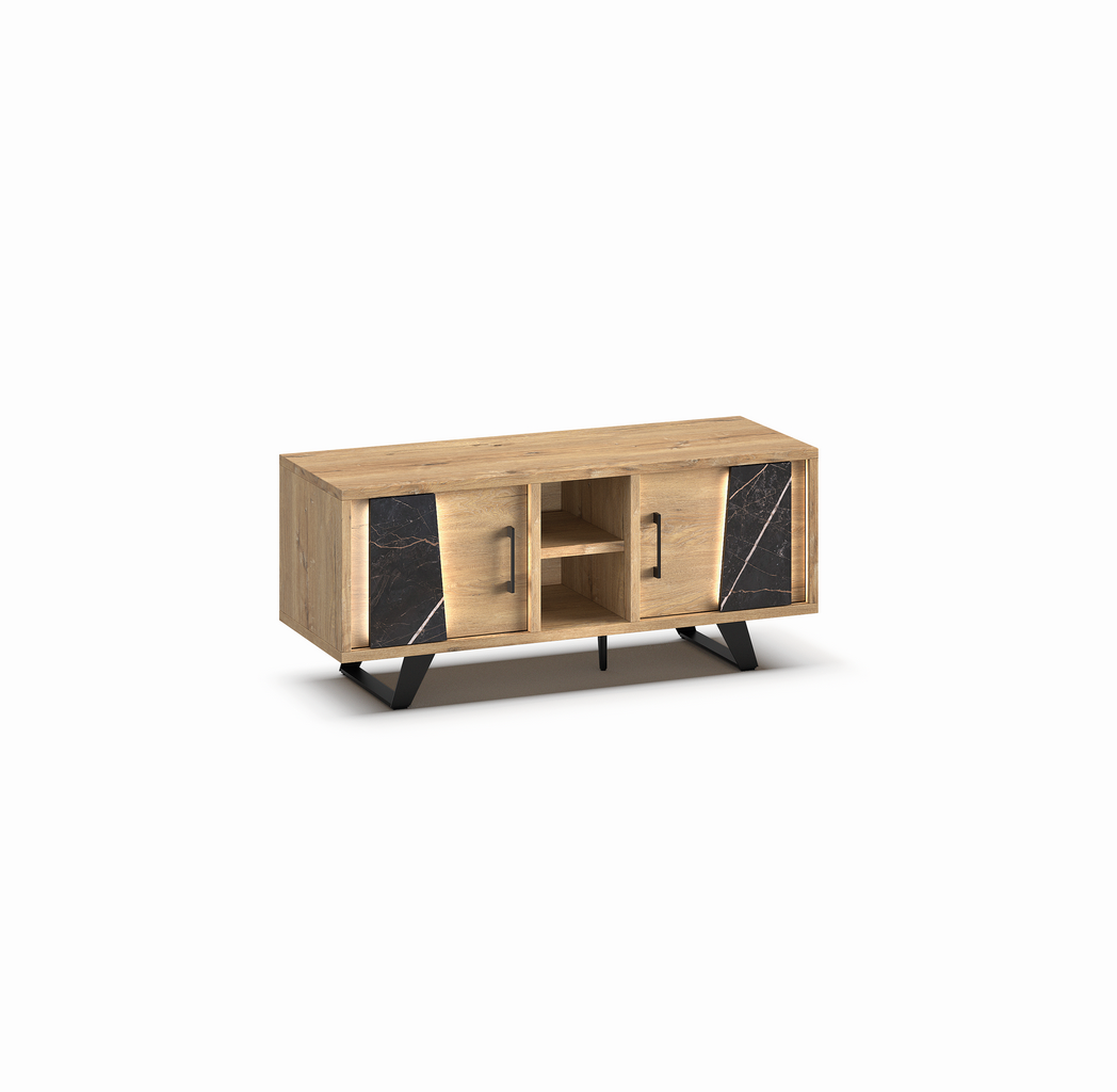 Meuble-TV-2-portes-2-niches-Richard-millenium-oak-nature-zebra-marble-K545ZEB-LB4-138cm-Evan