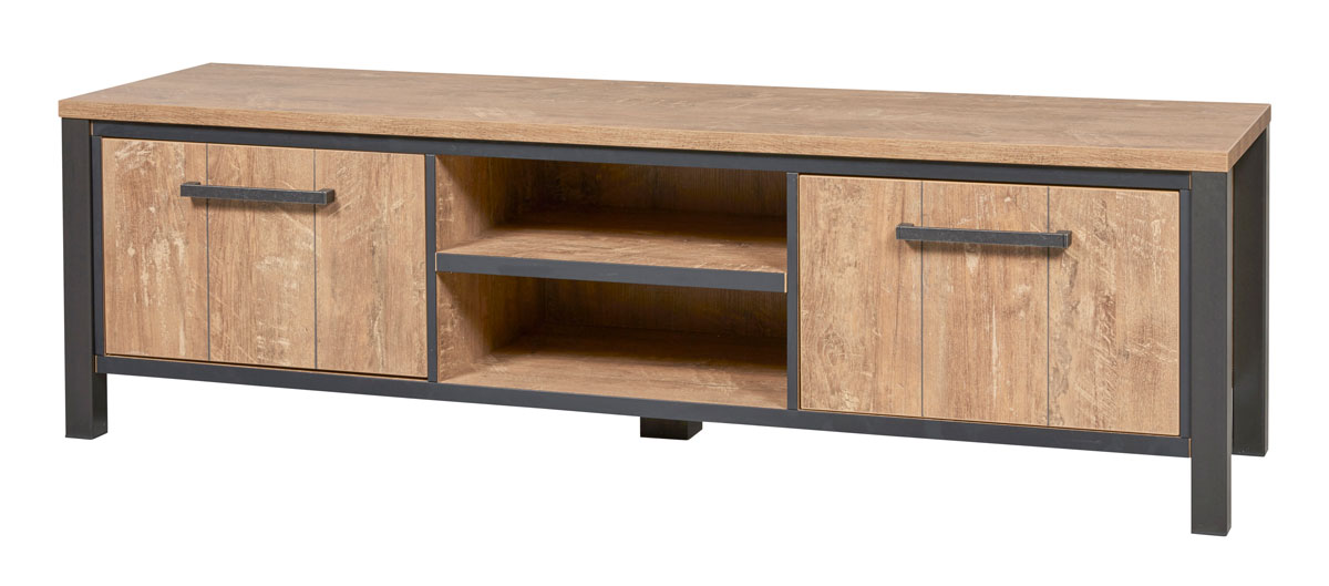 Meuble-TV-2-portes-Lovina-decor-bois-teak-noir-mat-K661-TV2-TV7-183cm-Meubar