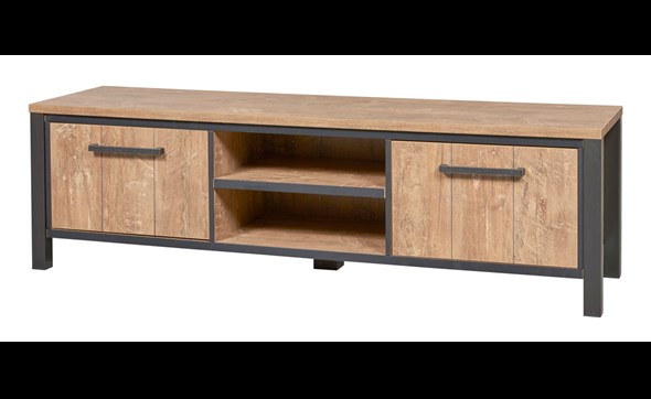 Meuble-TV-2-portes-Lovina-decor-bois-teak-noir-mat-K661-TV2-TV7-183cm-Meubar