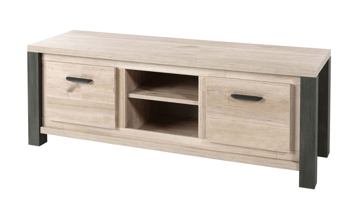 Meuble-TV-2-portes-Tomba-decor-bois-chene-vieux-imitation-acier-K497-TV7-166cm-Meubar