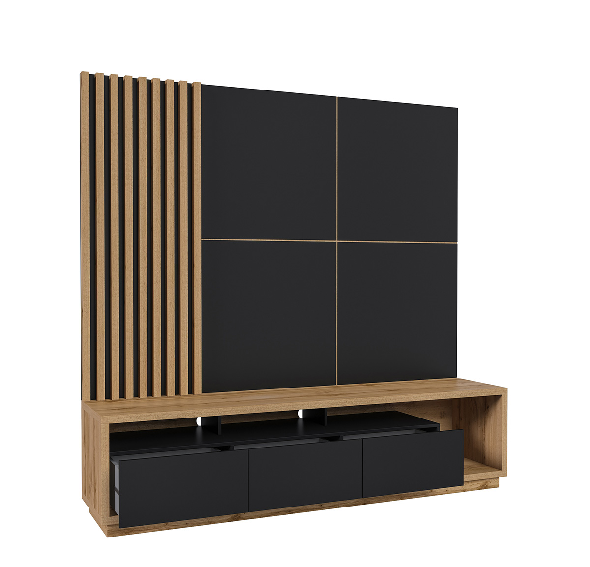 Meuble-TV-panneau-mural-unite-mural-4-panneaux-Celine-wotan-oak-black-mat-perspective-Helvetia