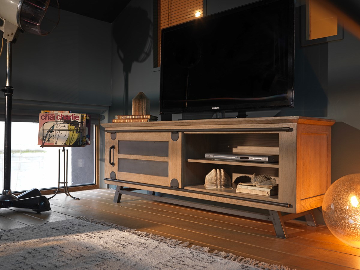 Meuble-tv-1-porte-coulissante-2-niches-Passerelle-decor-chene-vintage-metal-gris-eiffel-165cm-Artcopie