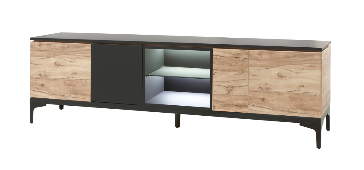 Meuble-tv-4-portes-2-niches-Feniks-decor-chene-brun-hunton-noir-mat-K636-LB2-206cm-Evan