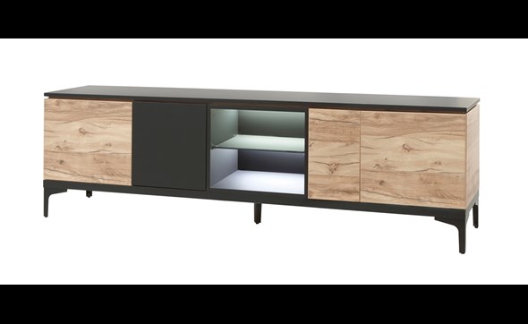 Meuble-tv-4-portes-2-niches-Feniks-decor-chene-brun-hunton-noir-mat-K636-LB2-206cm-Evan
