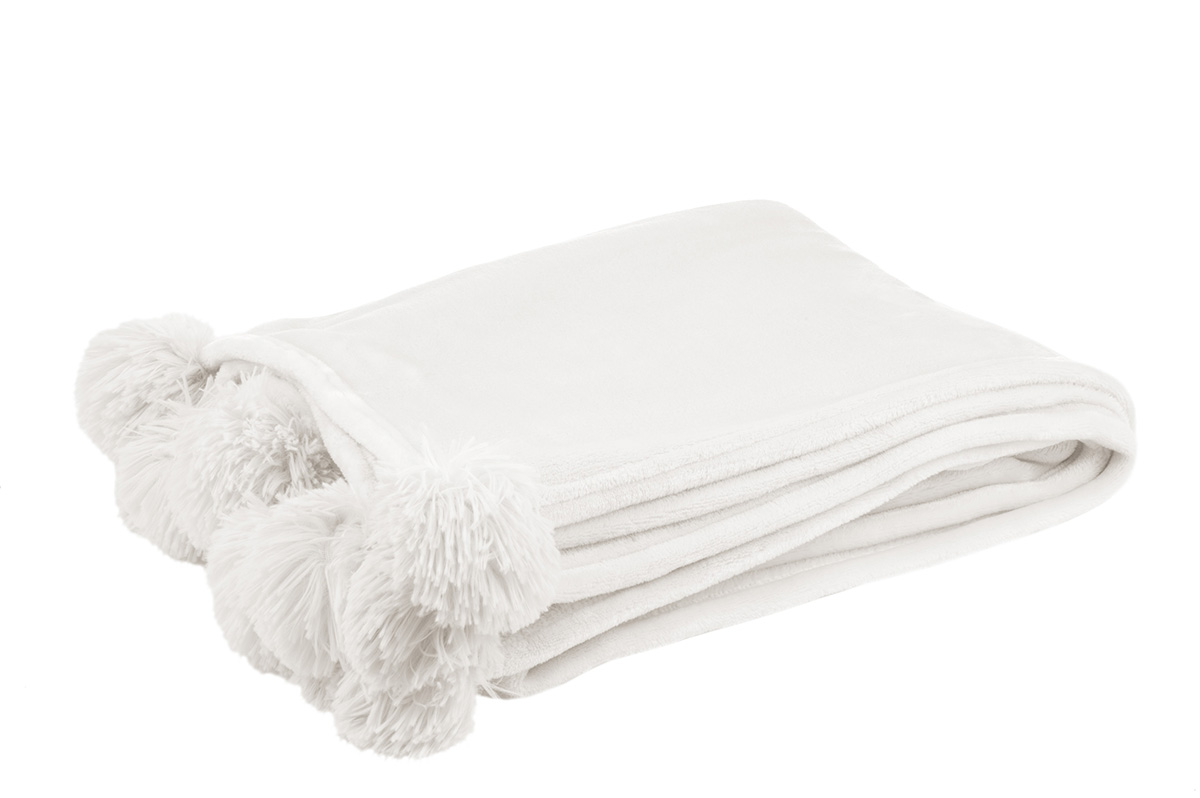 Plaid-pompon-77481-polyester-blanc-Jolipa