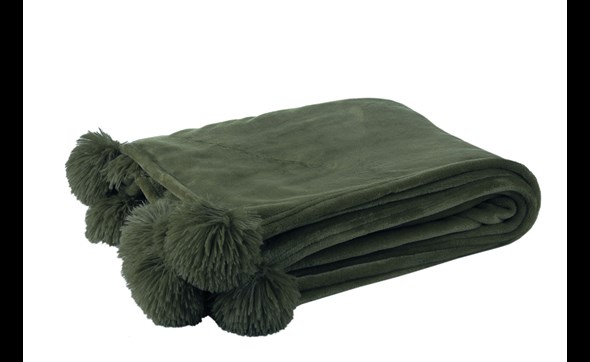 Plaid-pompon-77484-polyester-vert-fonce-Jolipa