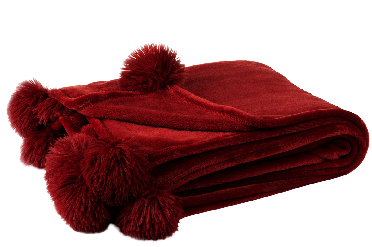 Plaid-pompon-77485-polyester-rouge-Jolipa
