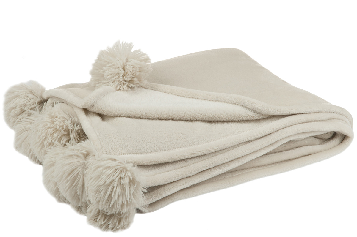 Plaid-pompon-77486-polyester-beige-menthe-Jolipa