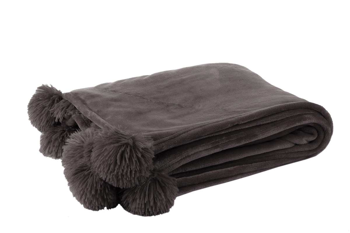 Plaid-pompon-77488-polyester-taupe-fonce-Jolipa