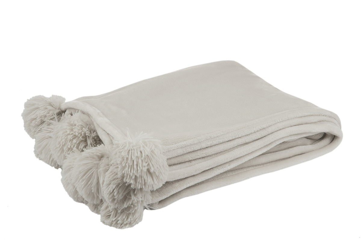 Plaid-pompon-77489-polyester-gris-clair-Jolipa