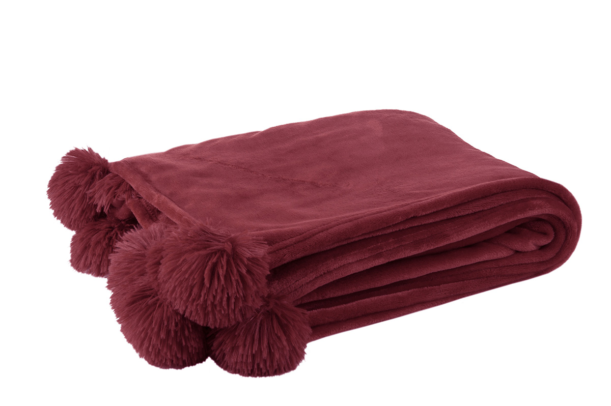 Plaid-pompon-88501-polyester-bordeaux-Jolipa