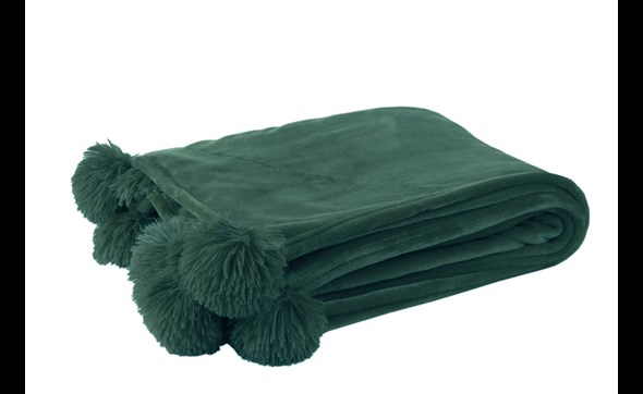 Plaid-pompon-88507-polyester-vert-fonce-Jolipa