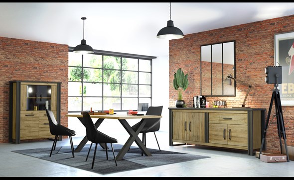 Salle-a-manger-Baxter-buffet-vitrine-table-brun-chene-Sciae