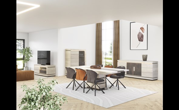 Salle-a-manger-Birger-buffet-4-portes-vitrine-table-extensible-pied-central-bridge-melamine-halifax-creme-Comodi-Living