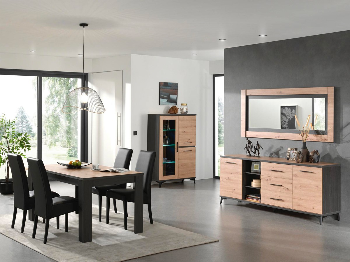 Salle-a-manger-Lodz-decor-papier-coloris-jesion-portland-dab-artisan-chaises-roko-noir-Divaco