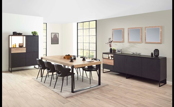Salle-a-manger-Portofino-decor-noir-vieux-chene-K616-buffet-242cm-bar-121cm-table-225cm-miroir-chaises-flower-Evan