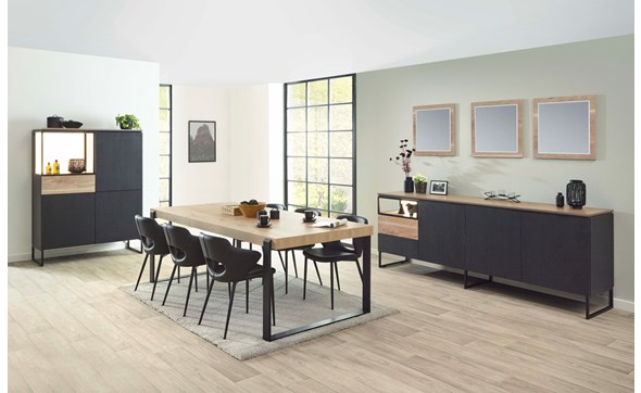 Salle-a-manger-Portofino-decor-noir-vieux-chene-K699-buffet-242cm-bar-121cm-table-225cm-miroir-chaises-flower-Evan
