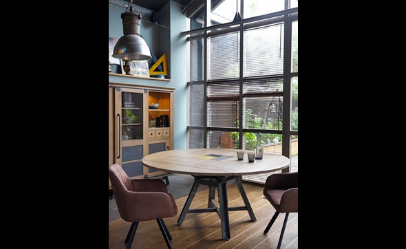 Table-carree-a-volets-ronde-Passerelle-A5246-decor-chene-vintage-metal-gris-eiffel-120-170cm-Artcopi