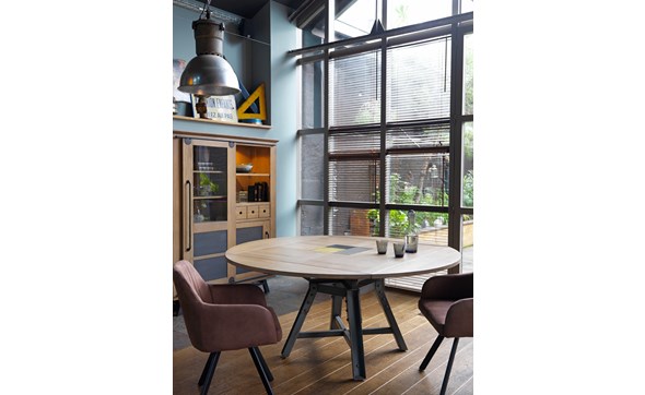 Table-carree-a-volets-ronde-Passerelle-A5246-decor-chene-vintage-metal-gris-eiffel-120-170cm-Artcopi
