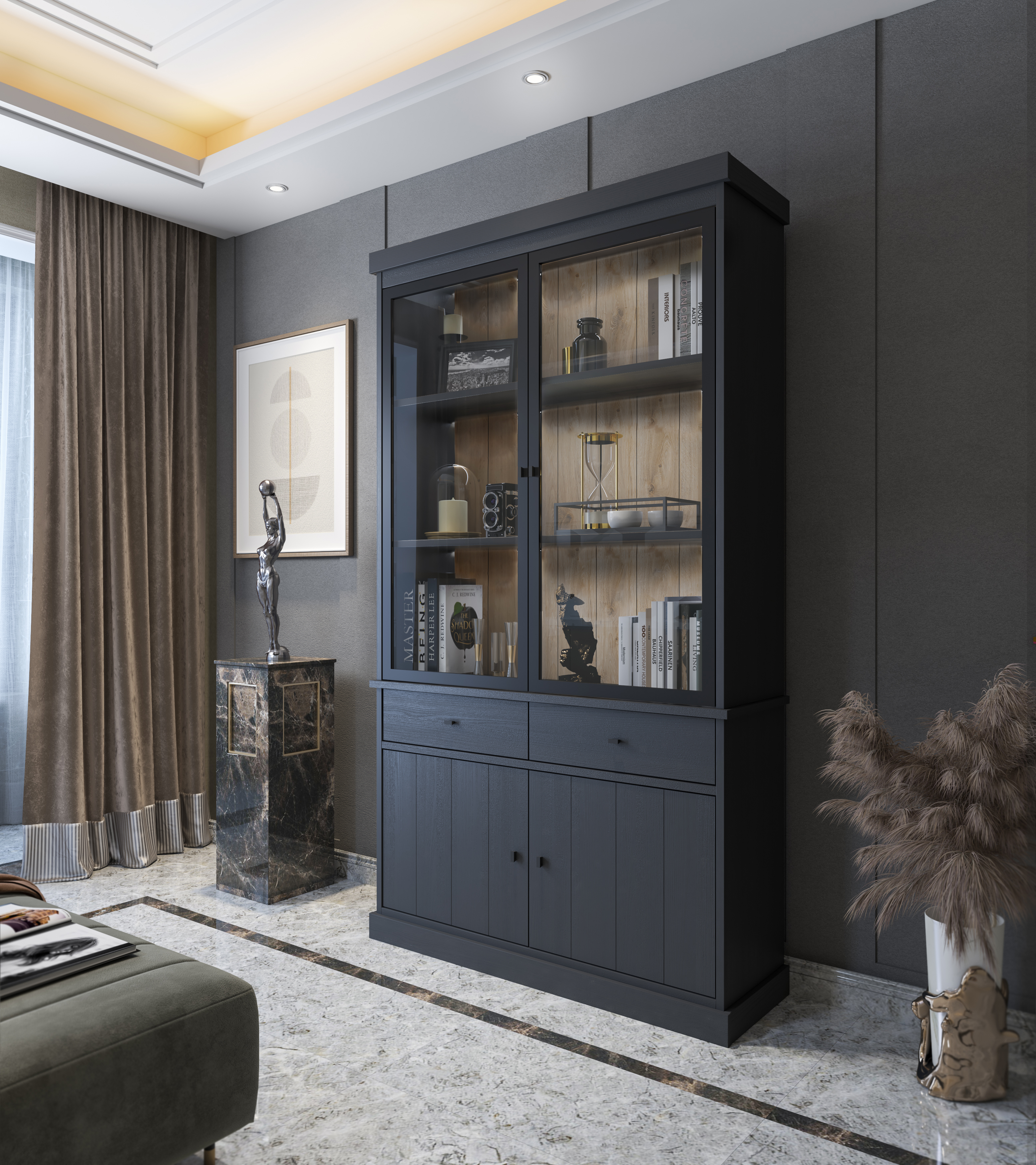 Vitrine-Valencia-melamine-black-oak-124cm-sans-led-Dullaert