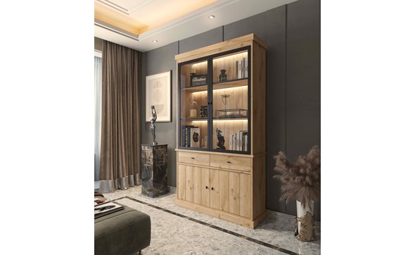 Vitrine-Valencia-melamine-smoked-oak-124cm-Dullaert
