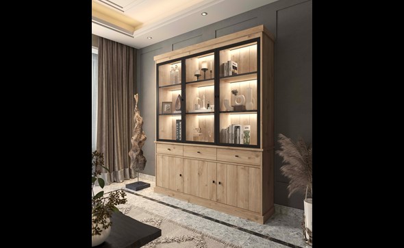 Vitrine-Valencia-melamine-smoked-oak-181cm-3-portes-vitrees-Dullaert