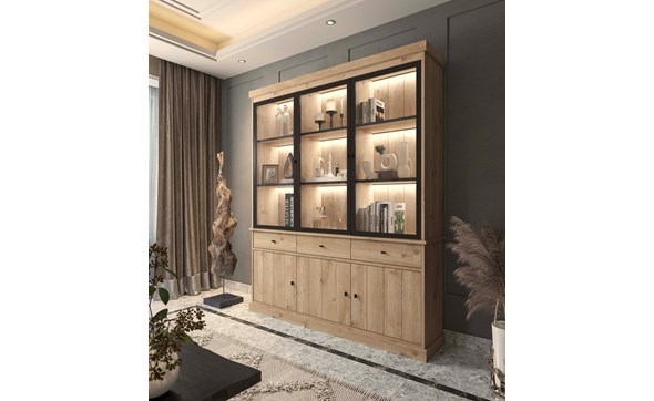 Vitrine-Valencia-melamine-smoked-oak-181cm-3-portes-vitrees-Dullaert