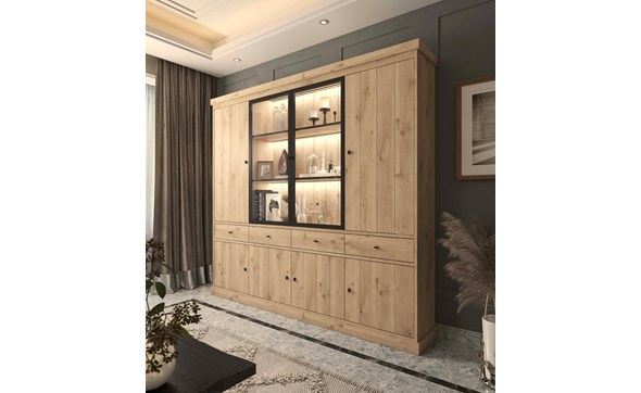 Vitrine-Valencia-melamine-smoked-oak-239cm-Dullaert